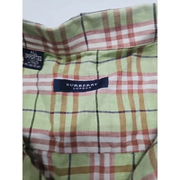 Vtg Burberry Men's Short Sleeve Linen Button Up Green Beige Check USA Made Sz XL - Picture 7 of 13